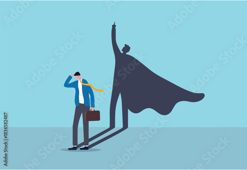 Self confidence or leadership to bring full potential and strength, motivation to achieve business success concept, self doubt businessman standing with his skillful power superhero shadow on the wall