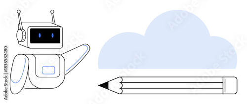 Artificial intelligence, cloud storage, creative design, technology innovation, digital tools, automation. Robot pointing to a cloud and pencil. Artificial intelligence and cloud storage concept