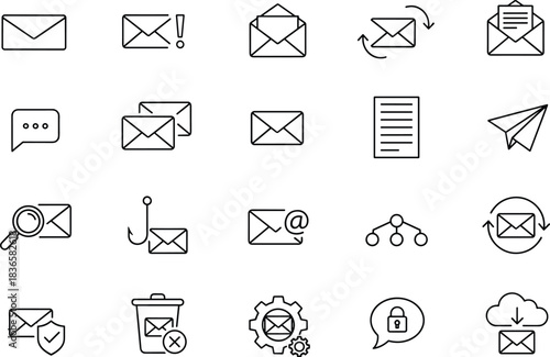 Email and Messaging Outline Icon Collection, Featuring Open Envelope, Spam Protection, Paper Plane, and Forward Symbols, Representing Online Communication and Digital Mail Vector Set.