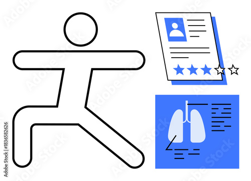 Abstract person in exercise pose, healthcare report with rating, and lung diagram. Ideal for wellness, fitness, healthcare, diagnostics, medical evaluation, preventive care simple flat metaphor