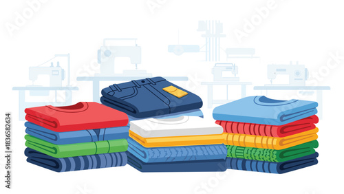 Stacks of neatly folded vibrant clothing and denim jeans ready for retail in a bright clothing production workshop