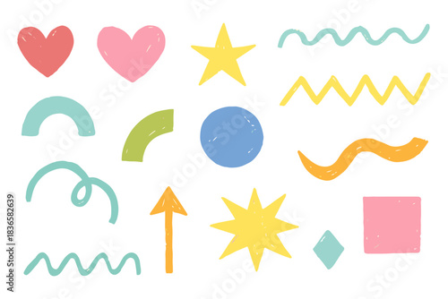 Cute Crayon Shape Set Hand Drawn Pastel Hearts Stars Arrows Lines Abstract Doodle Vector Illustration