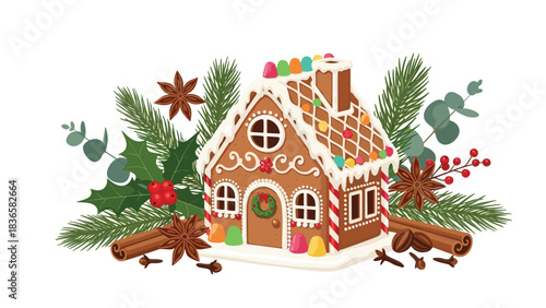 Charming gingerbread house centerpiece surrounded by festive winter spices and holiday greenery perfect for seasonal design