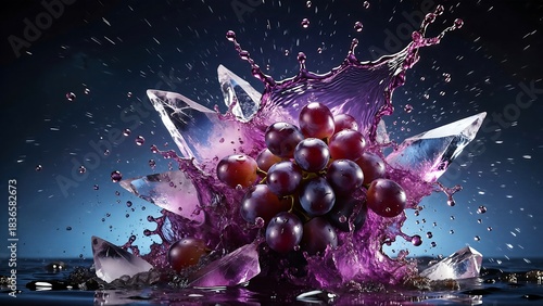 Stunning burst of vibrant purple grape juice splashing dramatically around frozen ice crystals