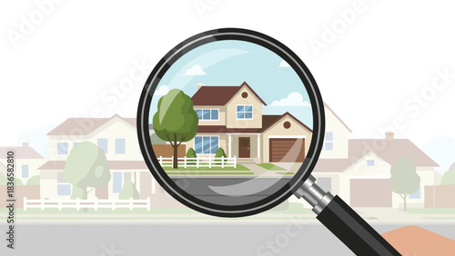Magnifying glass focuses on perfect suburban home search illustrating real estate investment and property inspection needs