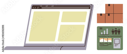 Open laptop screen displaying data charts, shipment boxes, and logistics dashboard. Ideal for e-commerce, analytics, logistics, sales management, product tracking, supply chain simple flat metaphor