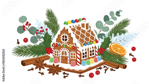 Charming gingerbread house centerpiece surrounded by festive winter spices and evergreen holiday foliage