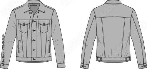 Cad drawing flat vector illustration of detailed denim jacket technical fashion sketch showing front and back views for apparel design template