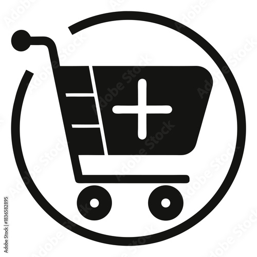 Shopping Cart Icon Black Silhouette of Trolley with Plus Symbol in Circle