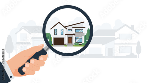 Professional searching for the perfect modern suburban home using a magnifying glass for detailed inspection