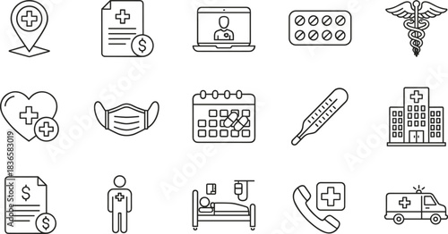 Hospital and Emergency Medical Outline Icon Collection, Featuring Ambulance, Caduceus, Thermometer, and Pill Symbols, Representing Patient Care, Health Billing, and Telemedicine Services Vector Set.