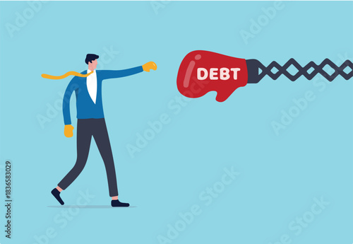 Debt management, fight with debt for financial freedom concept, professional businessman wearing boxing gloves fighting and punching with creditor or loaner huge red boxing glove with text Debt.
