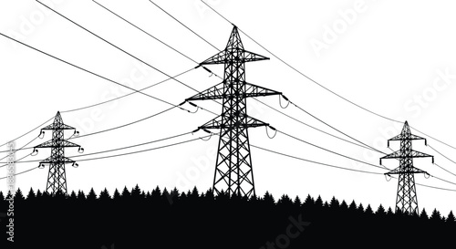 High voltage power transmission towers over forest landscape, detailed cad drawing flat vector illustration, energy infrastructure silhouette design for engineering