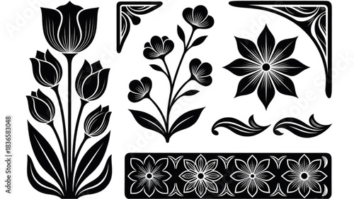 Black and white floral design with decorative flowers and leaves