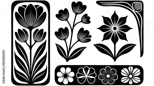 Black and white floral pattern with simple decorative flowers and leaves
