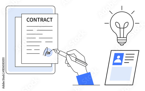 Contract signing concept. Hand signing a document under Contract, emphasizing agreements and commitments. Contract as legal documentation in business transactions, intellectual property