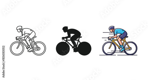 Set of three cyclist icons showing a person riding a racing bicycle in outline, silhouette and full color vector style