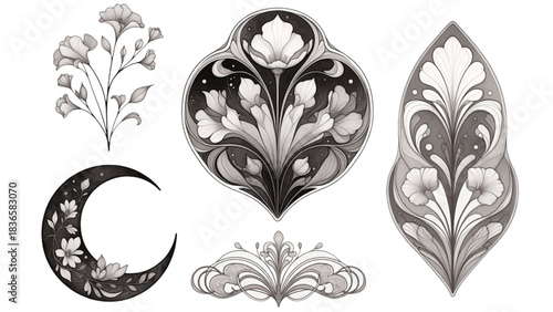 Monochrome floral and ornamental art elements black and white
