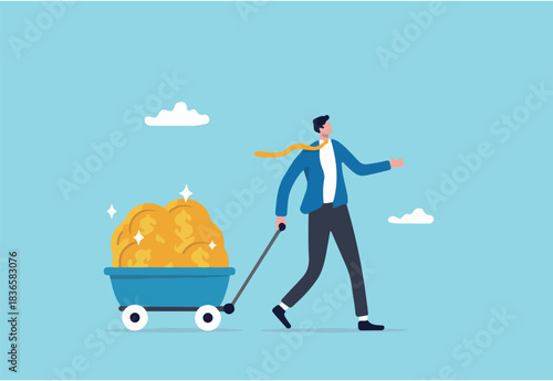 Success investor, rich man making money from business or investment, income and revenue, budget, saving or profit concept, rich and successful businessman with load of money golden coin in cart.