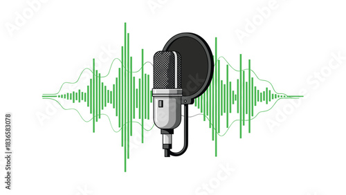Studio microphone capturing pristine audio with vibrant sound waves for podcasting and music production projects today