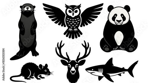 Collection of Black and White Animal Silhouettes Keywords: otter, owl, panda, deer, shark, mouse