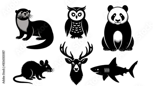 Collection of black animal silhouettes on white animals