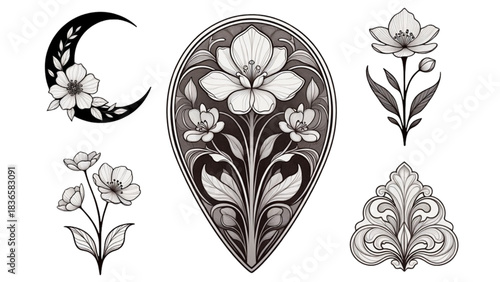 Collection of black and white floral and ornamental designs