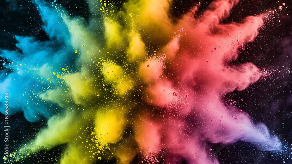 Fototapeta premium Explosion of vibrant rainbow colored powder against a dark background