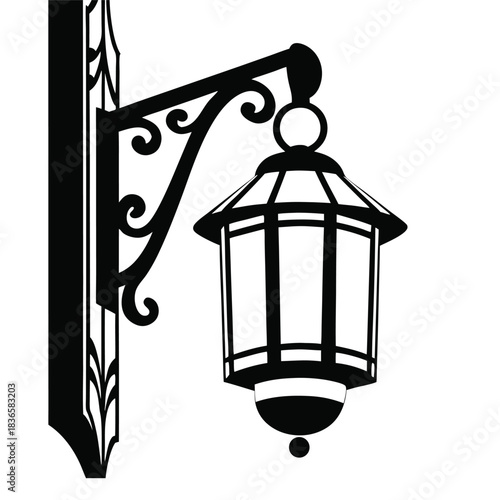 Ornate Streetlight Silhouette, Victorian Style Lamp, Black on White, Decorative Lighting