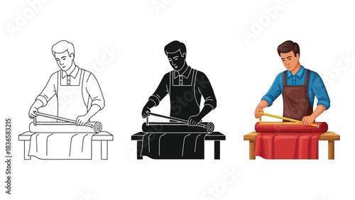 Set of three illustrations depicting a tailor or craftsman measuring fabric a table in line art, silhouette and color versions