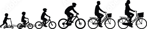 A complete cycle of life, from childhood scooter to adult cycling, illustrating growth, health, and a lifelong passion for biking silhouette vector