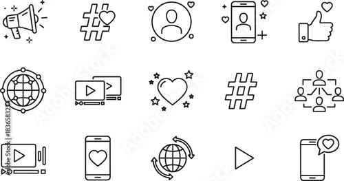 Social Media and Digital Marketing Outline Icon Collection, Featuring Hashtags, Megaphone, Video Player, and Like Symbols, Representing Online Networking, Influence, and Promotion Vector Set.