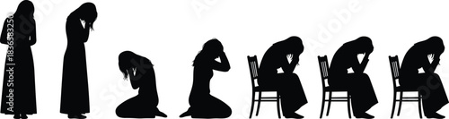 Distressed Woman Silhouettes Collection, Sad Figures Crying, Mourning, and Sitting in Despair, Depression and Grief Vector