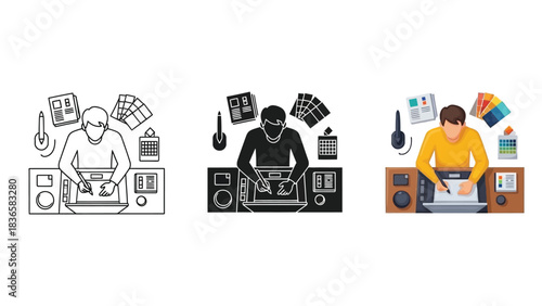 Set of three graphic designer or digital artist illustrations showing workflow stages outline, silhouette and full color