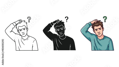 Set of three male characters showing confusion, scratching head with question mark above