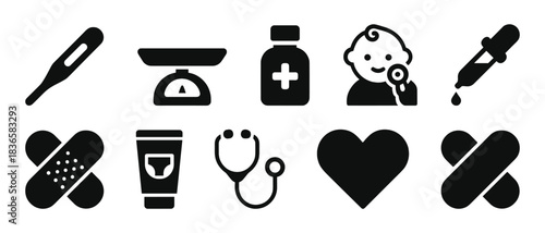 Medical and health icons: thermometer, weighing scale, medicine, baby, droplet, bandage, stethoscope, heart