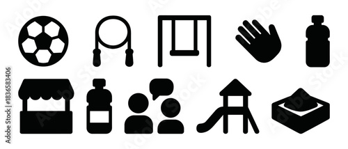 Playground and fitness icons: swing, jump rope, sandbox, slide, chat