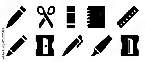 Silhouette icons of stationery items: pencils, scissors, eraser, notebook, ruler, sharpener, pen