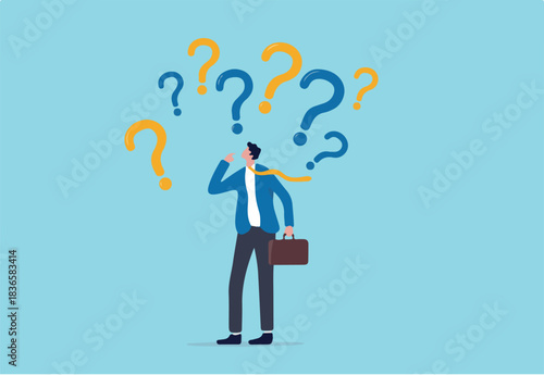 Uncertainty, confusion and decision making, choosing options or choices, answer for question or solution, problem solving, frustrated businessman thinking and make decision with many question marks.