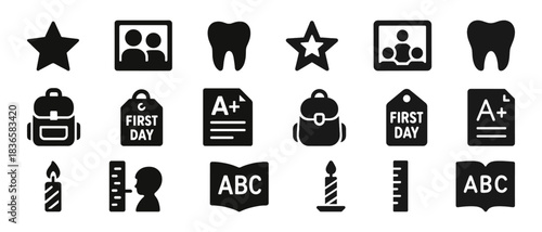 Educational symbols and icons: books, backpacks, grades, art supplies, and more