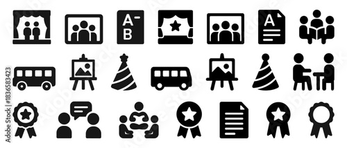 Set of black iconography for events, education, and communication
