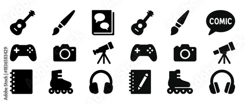Creative icons set: guitar, paintbrush, notebook, controller, camera, telescope, roller skates, headphones