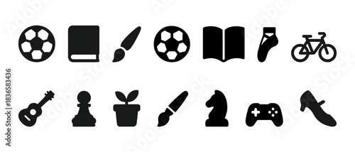 Collection of hobby and activity icons including sports, art, and music symbols