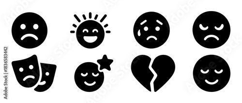 Minimalist black emoticons illustrating various emotions and expressions
