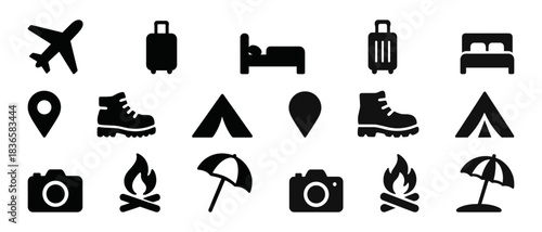 Travel and adventure icons: airplane, luggage, camping, camera, fire, umbrella