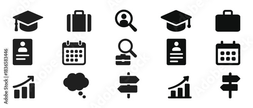 Education and business icons: graduation, briefcase, magnifying glass, calendar, growth chart