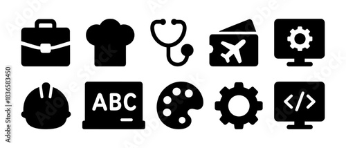 Set of black icons representing various professions and tools