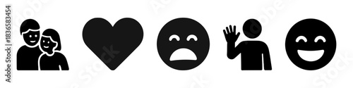Simple black emotion icons: heart, sad face, waving hand, smiling face