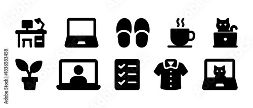 Home office essentials icons: desk, laptop, slippers, coffee, cat, plant, video call, checklist, shirt