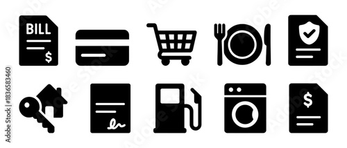 Financial and household icons: bill, credit card, shopping cart, dining, insurance, real estate, contract, fuel, laundry, invoice